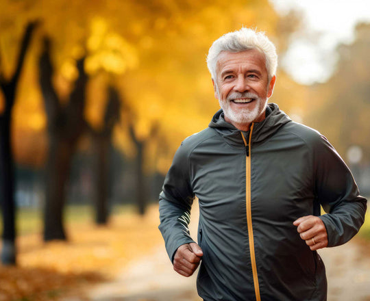 Mann joggt durch einen Park, umgeben von bunten Herbstbäumen