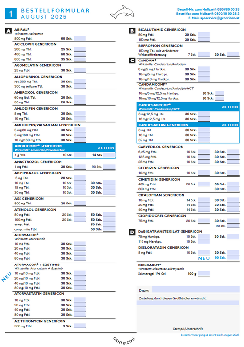 Genericon-Bestellformular August 2025